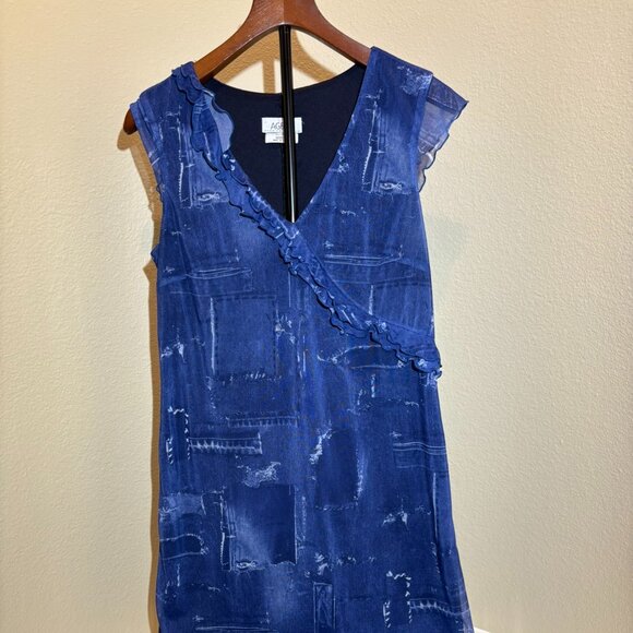 💙 AGB Asymmetrical Boho Blue V-Neck Shear Ruffle Dress Size 12 - Picture 2 of 15